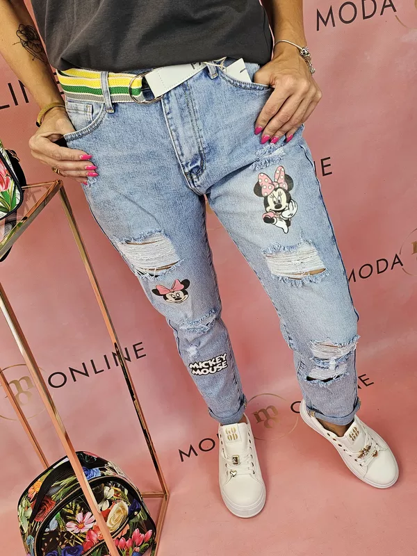 Spodnie Jeans M'Sara z przetarciami i grafiką Minnie